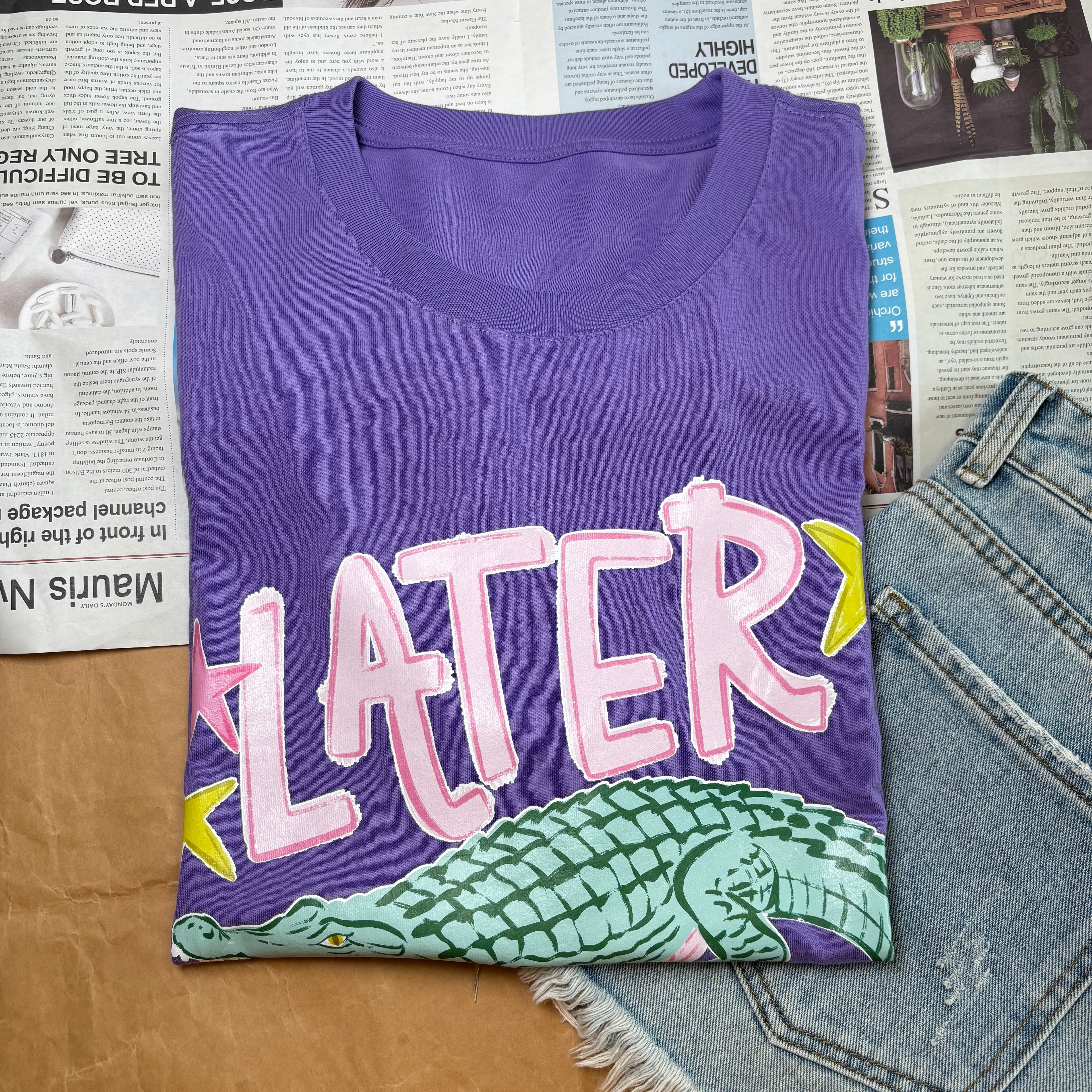 Later Gator Purple Graphic T-Shirt, Funny Cotton Tee, Cute Alligator Shirt for Women